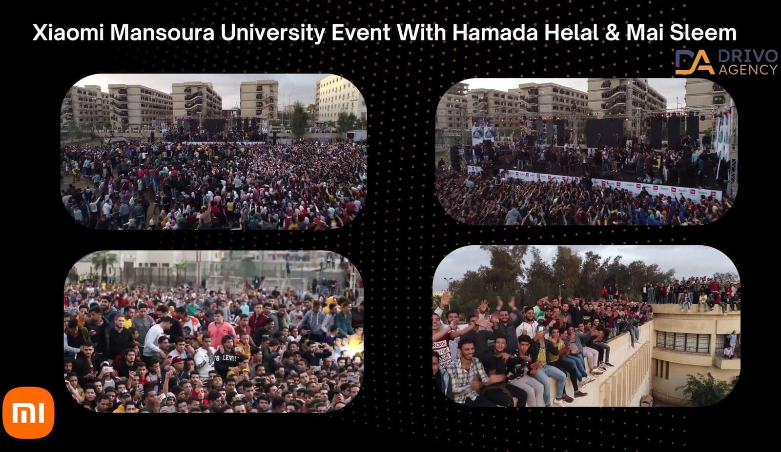 Stadium-scale crowd filling a public square at Xiaomi's Mansoura University activation