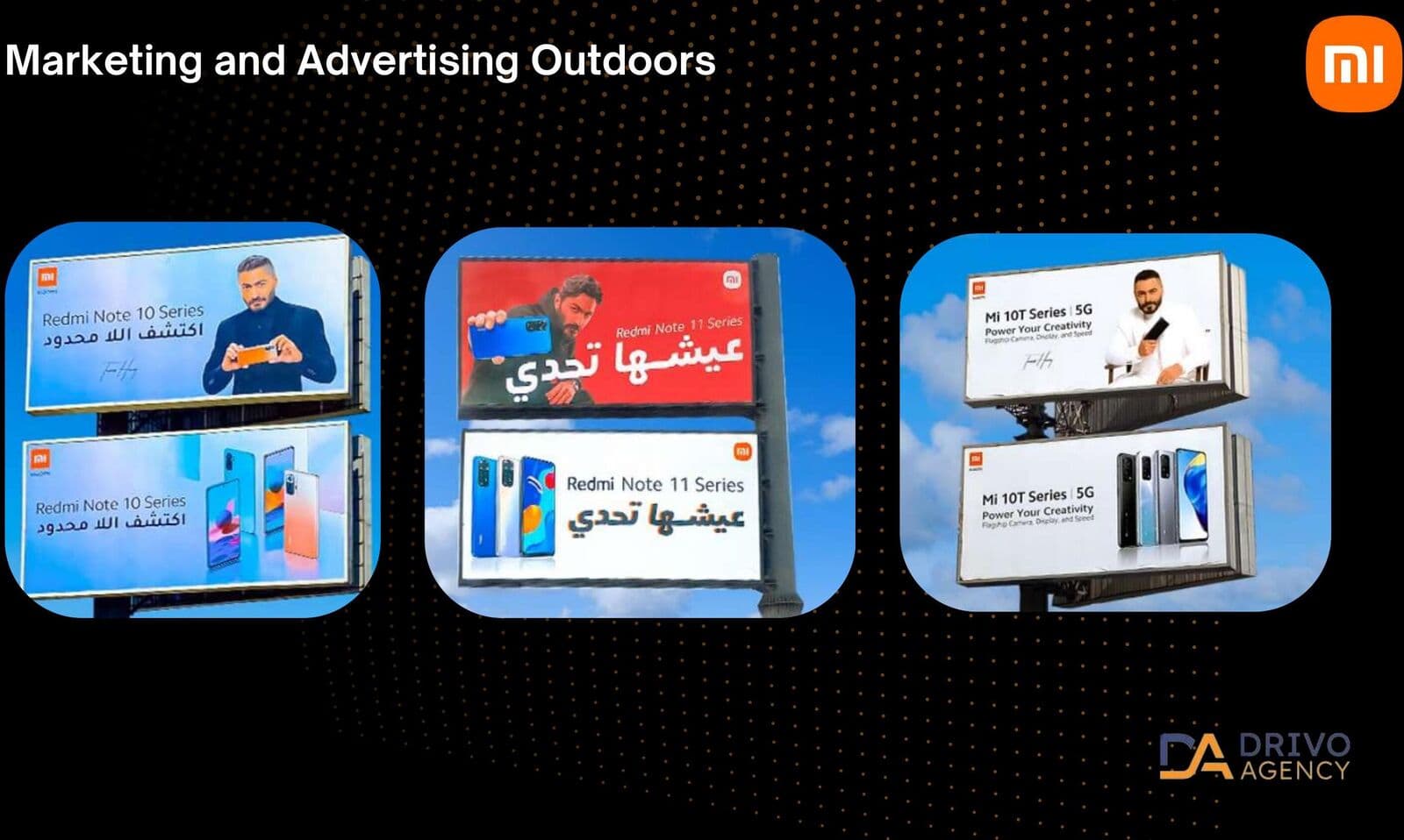 Individual Redmi Note 10, Redmi Note 11 and Mi 10T Series billboards against a clear sky