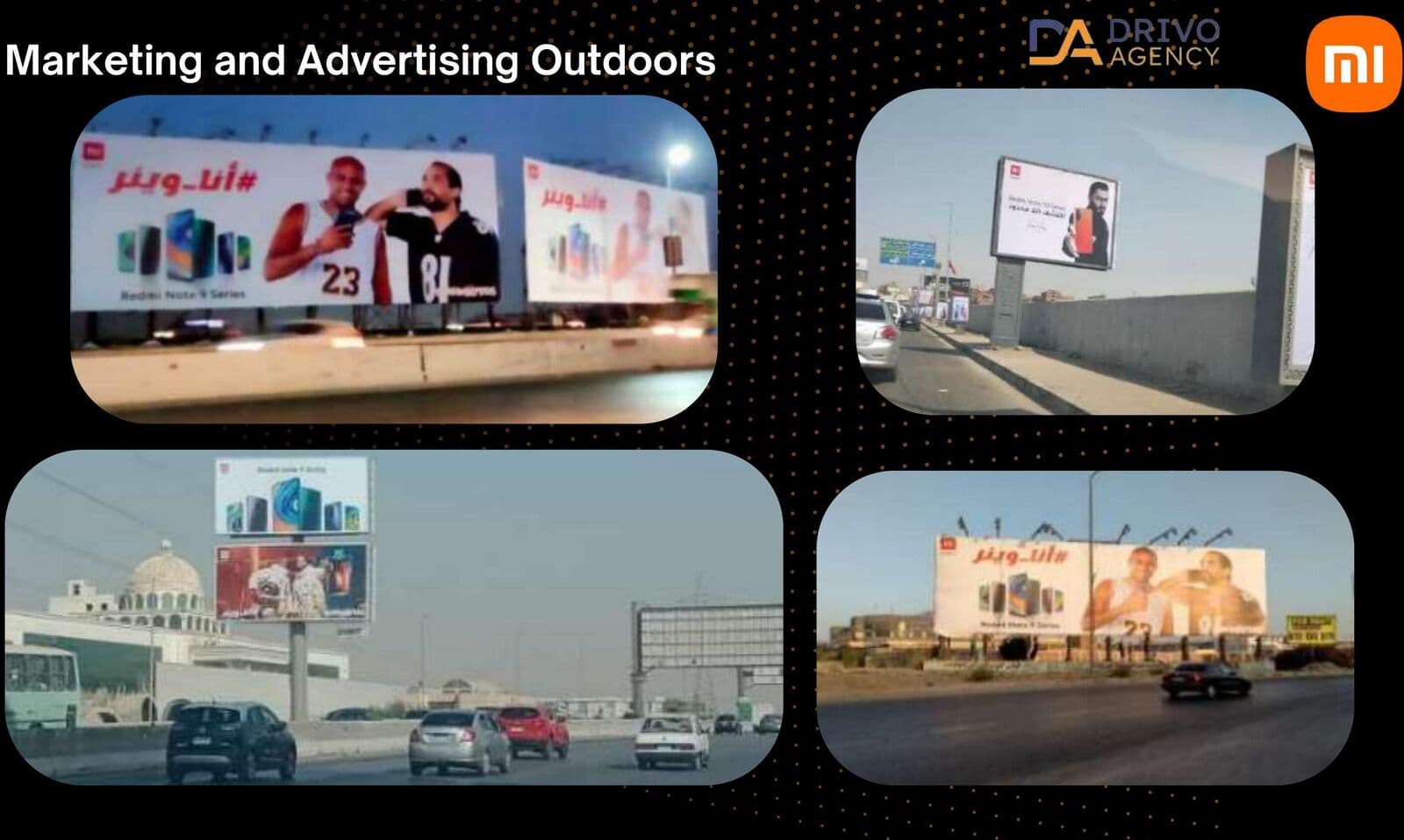 Redmi Note 9 Series and Mi 10T Series billboards on Egyptian highways, including the Sharmoofers “I Am Winner” creative