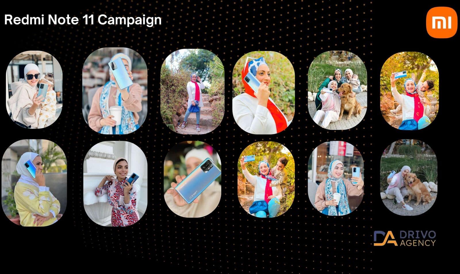 A grid of real lifestyle influencer photos holding the Redmi Note 11