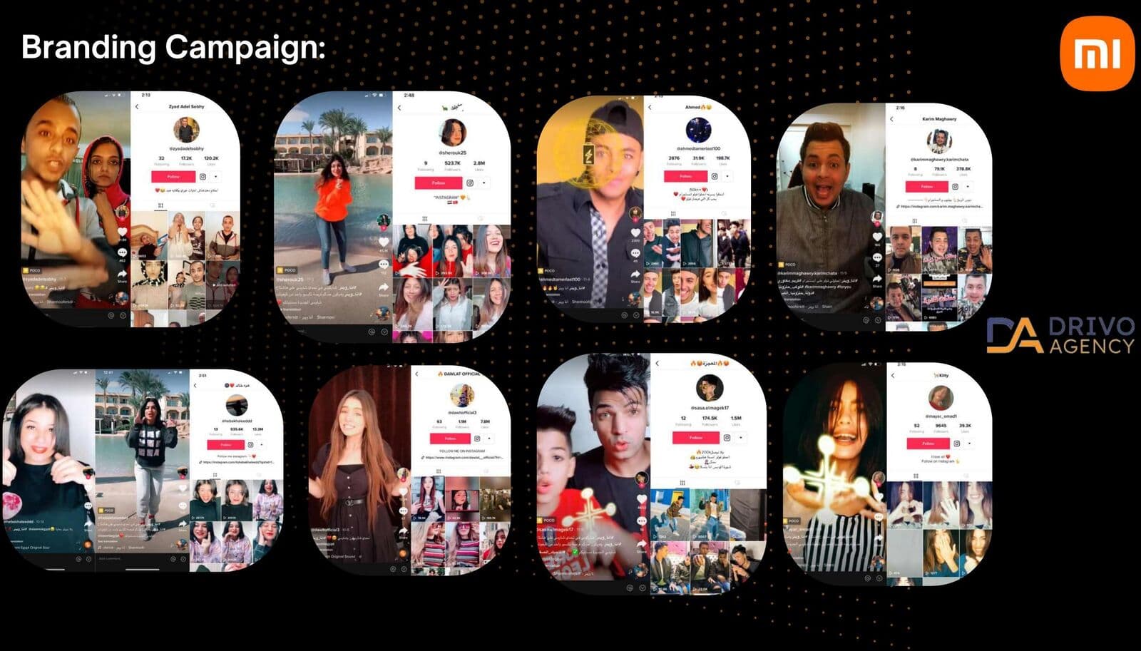 A grid of real TikTok creator profiles participating in the Xiaomi Redmi #أنا_وينر branding challenge