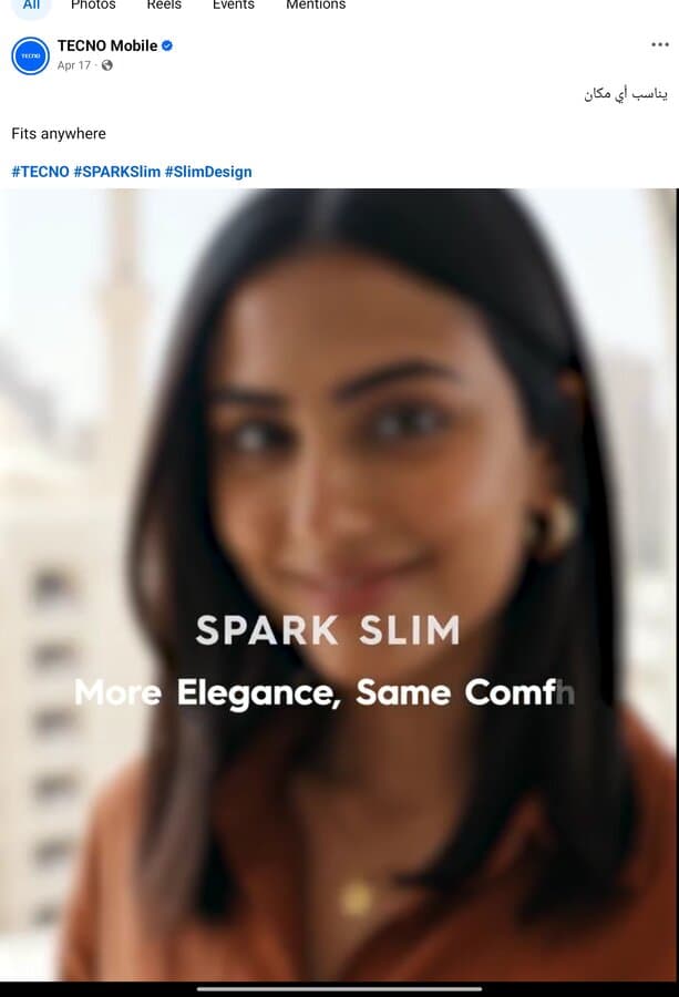 TECNO Mobile's dated Facebook post for SPARK Slim, 'More Elegance, Same Comfort — Fits anywhere'